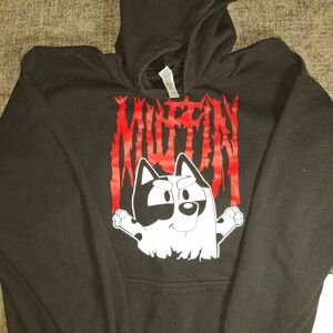Black Hoodie with Cartoon Dog and Red Text
